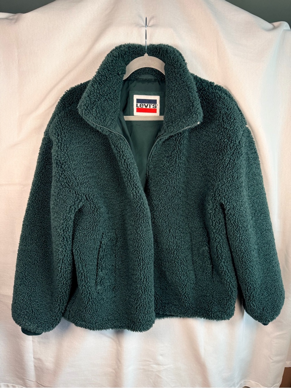 Levi's Sherpa Jacket M Green Teddy Fleece Full Zip Cozy Oversized Granola